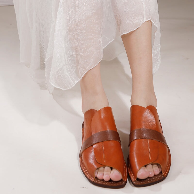 Handmade Genuine Leather Summer Slippers Peep Toe in Black/Brown
