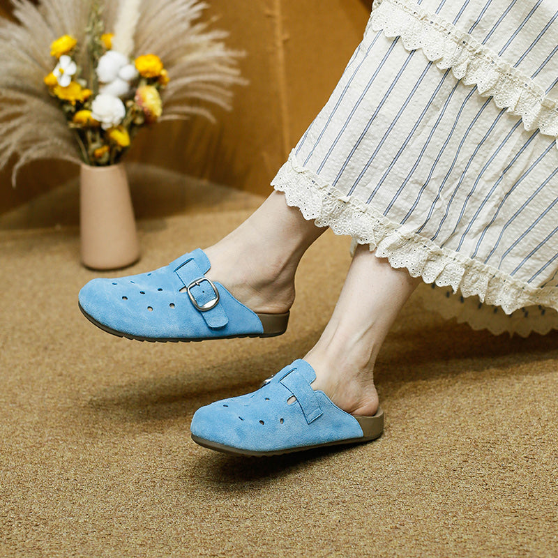 Handmade Hollow Out Cow Suede Leather Buckle Slip-On Mules Casual Clog in 9 Colors
