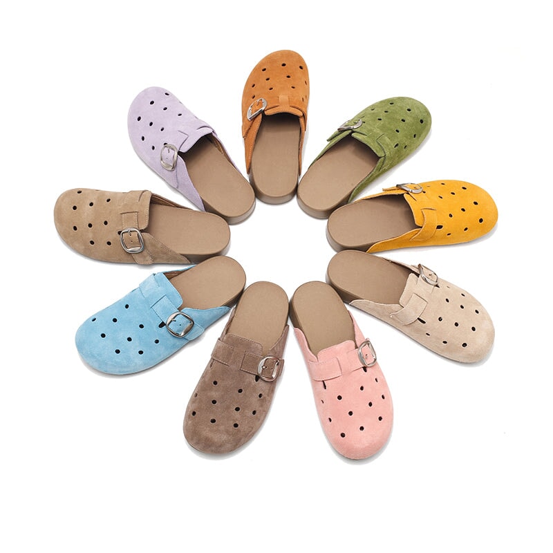 Handmade Hollow Out Cow Suede Leather Buckle Slip-On Mules Casual Clog in 9 Colors