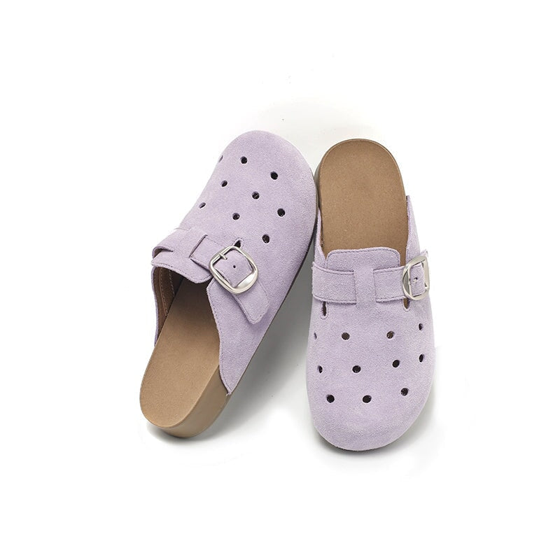 Handmade Hollow Out Cow Suede Leather Buckle Slip-On Mules Casual Clog in 9 Colors