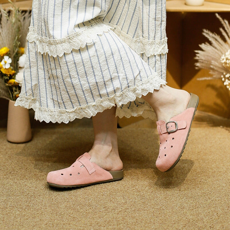 Handmade Hollow Out Cow Suede Leather Buckle Slip-On Mules Casual Clog in 9 Colors
