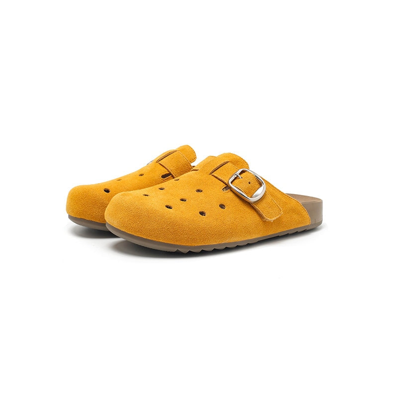 Handmade Hollow Out Cow Suede Leather Buckle Slip-On Mules Casual Clog in 9 Colors