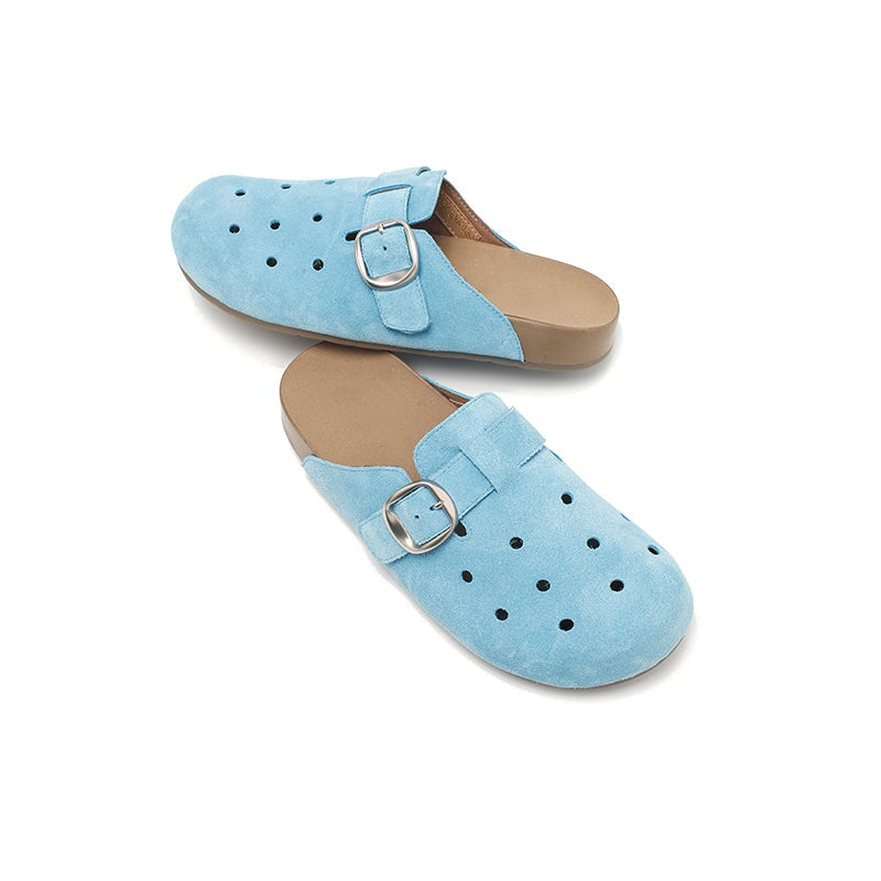 Handmade Hollow Out Cow Suede Leather Buckle Slip-On Mules Casual Clog in 9 Colors
