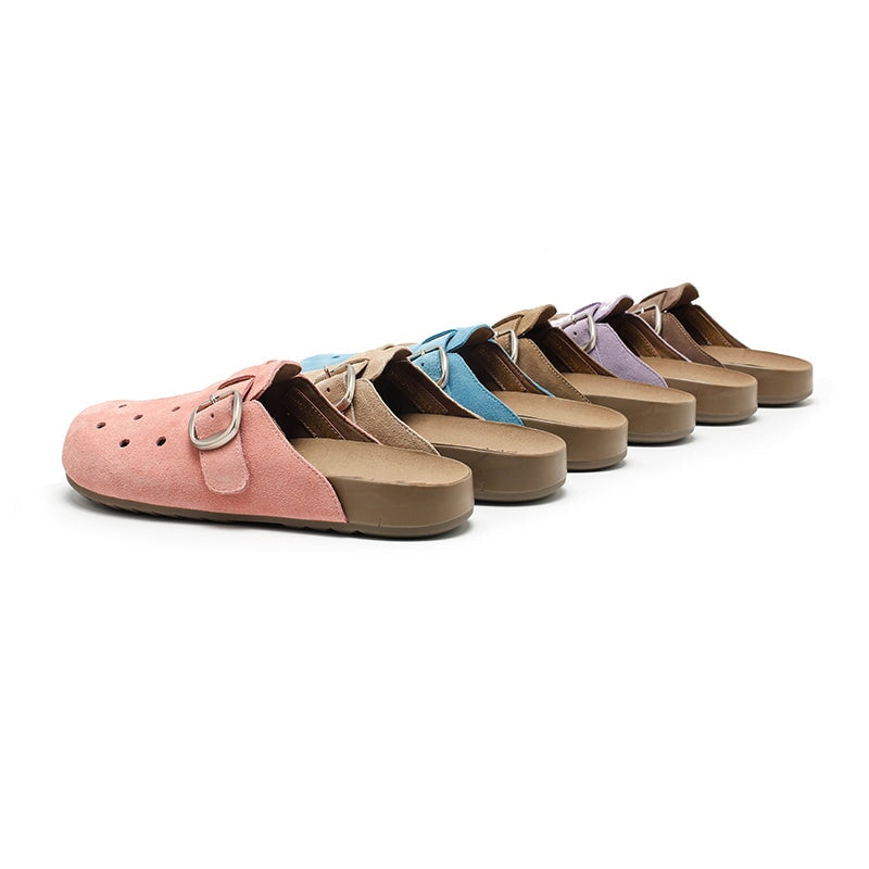 Handmade Hollow Out Cow Suede Leather Buckle Slip-On Mules Casual Clog in 9 Colors
