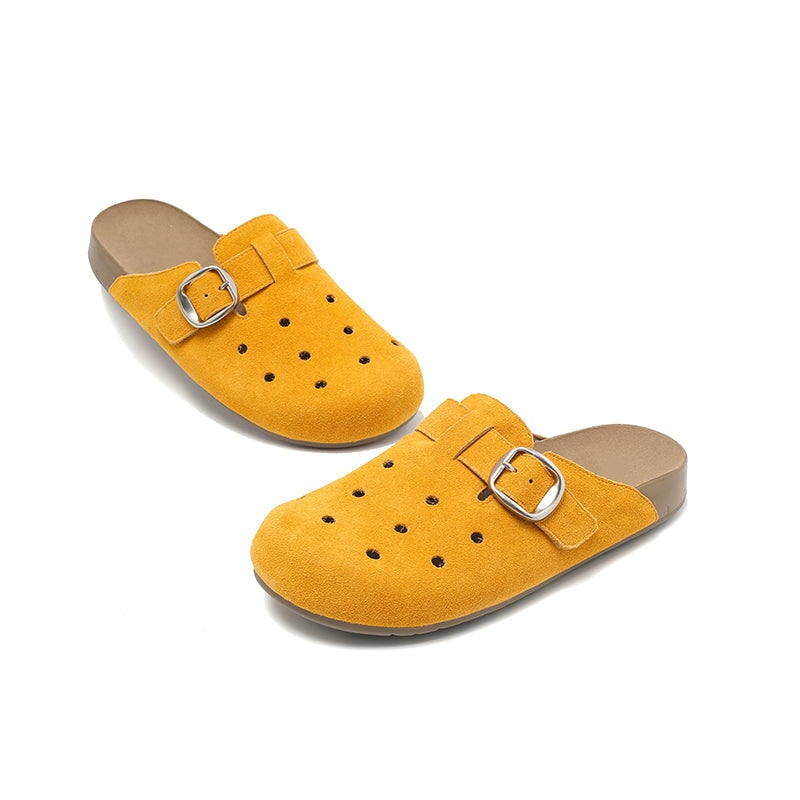 Handmade Hollow Out Cow Suede Leather Buckle Slip-On Mules Casual Clog in 9 Colors