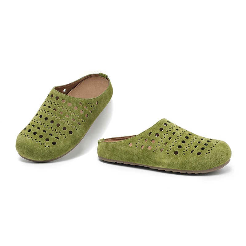 Handmade Hollow Out Cow Suede Leather Clog Slippers Breathable Mules in Green/Yellow/Apricot