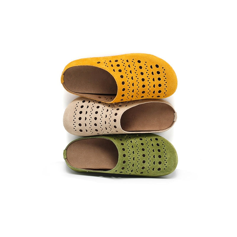Handmade Hollow Out Cow Suede Leather Clog Slippers Breathable Mules in Green/Yellow/Apricot