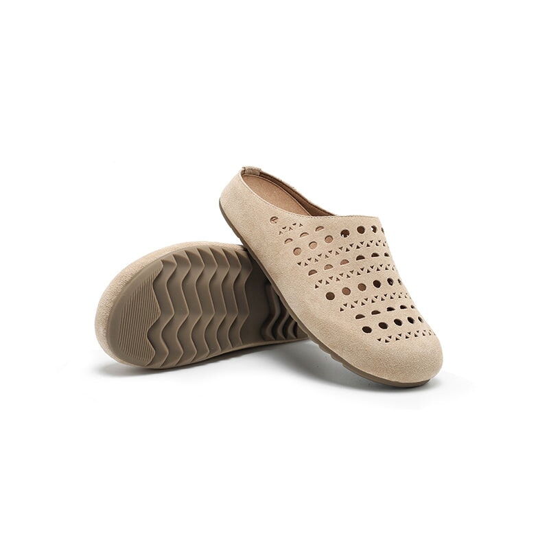 Handmade Hollow Out Cow Suede Leather Clog Slippers Breathable Mules in Green/Yellow/Apricot