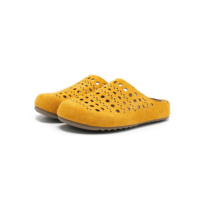 Handmade Hollow Out Cow Suede Leather Clog Slippers Breathable Mules in Green/Yellow/Apricot