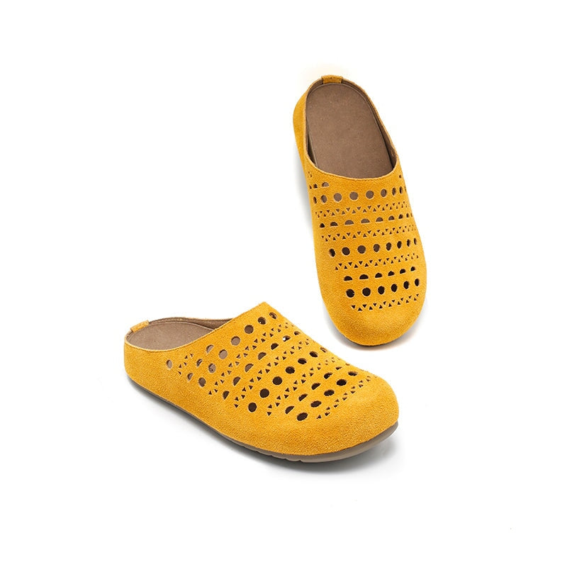Handmade Hollow Out Cow Suede Leather Clog Slippers Breathable Mules in Green/Yellow/Apricot
