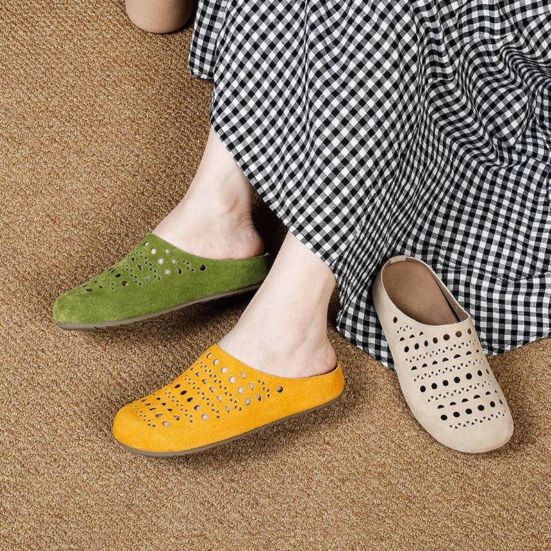 Handmade Hollow Out Cow Suede Leather Clog Slippers Breathable Mules in Green/Yellow/Apricot
