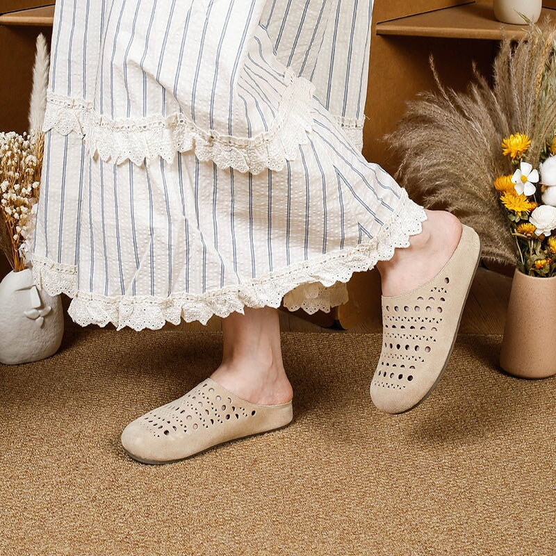 Handmade Hollow Out Cow Suede Leather Clog Slippers Breathable Mules in Green/Yellow/Apricot