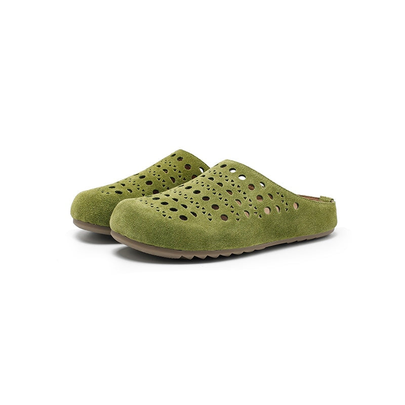 Handmade Hollow Out Cow Suede Leather Clog Slippers Breathable Mules in Green/Yellow/Apricot