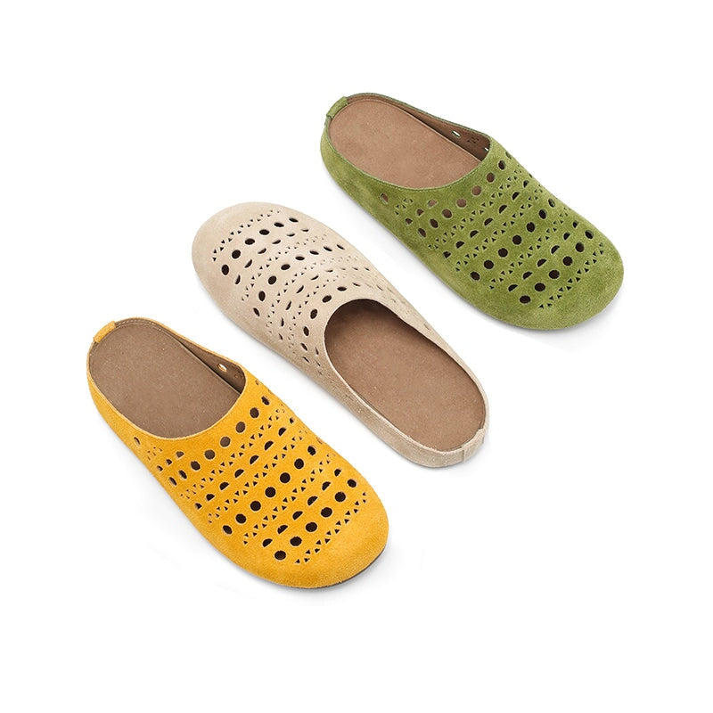 Handmade Hollow Out Cow Suede Leather Clog Slippers Breathable Mules in Green/Yellow/Apricot