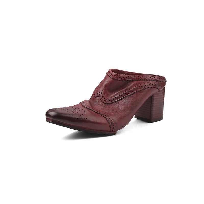 Handmade Horse Leather Brogue Mules 70mm Block Heel Square Toe Slippers in Angola Red/Black