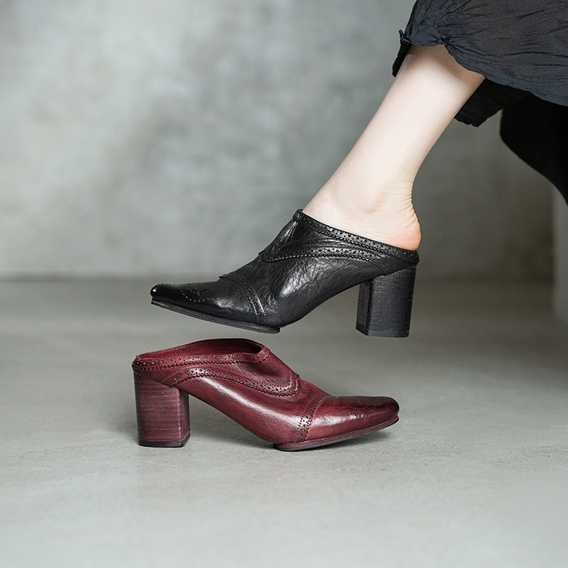 Handmade Horse Leather Brogue Mules 70mm Block Heel Square Toe Slippers in Angola Red/Black