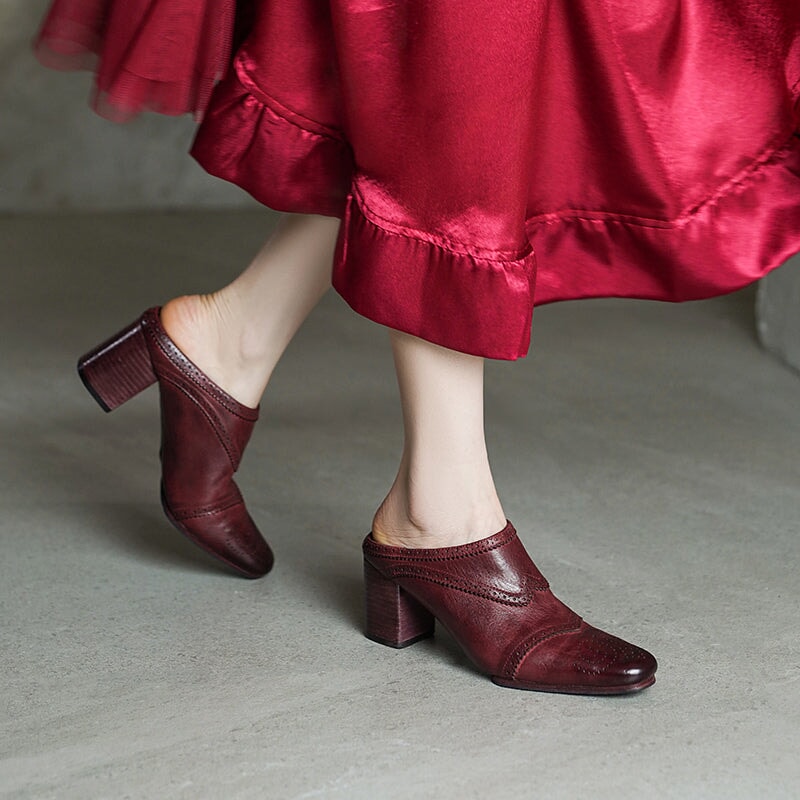 Handmade Horse Leather Brogue Mules 70mm Block Heel Square Toe Slippers in Angola Red/Black