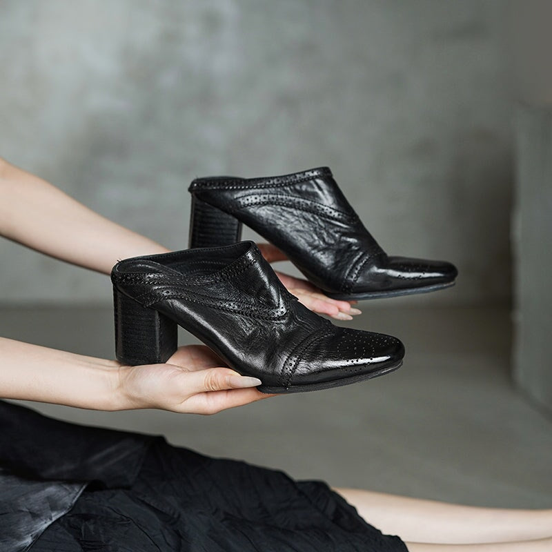 Handmade Horse Leather Brogue Mules 70mm Block Heel Square Toe Slippers in Angola Red/Black