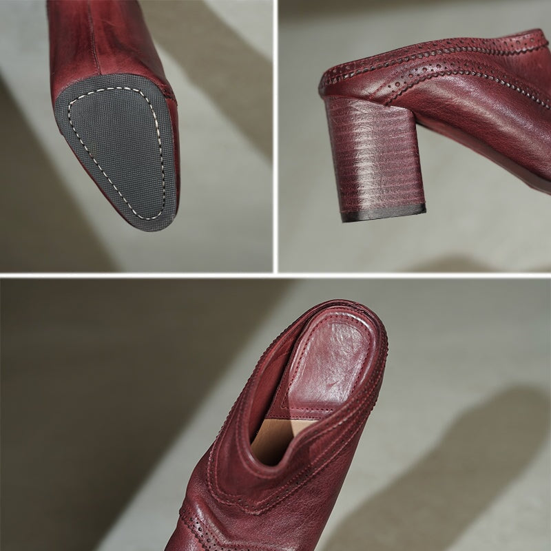 Handmade Horse Leather Brogue Mules 70mm Block Heel Square Toe Slippers in Angola Red/Black