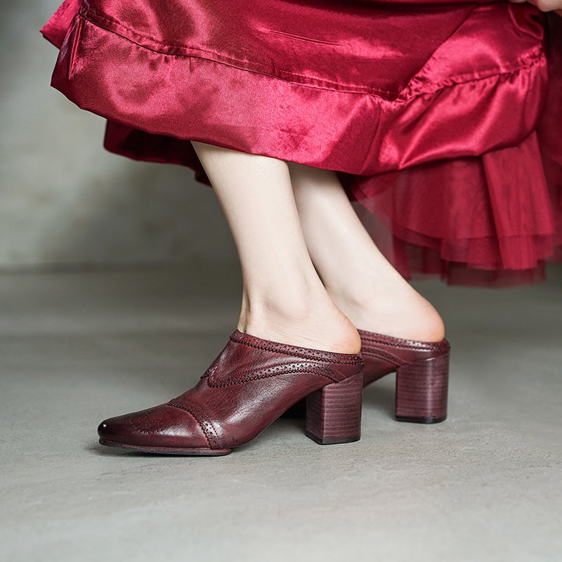 Handmade Horse Leather Brogue Mules 70mm Block Heel Square Toe Slippers in Angola Red/Black