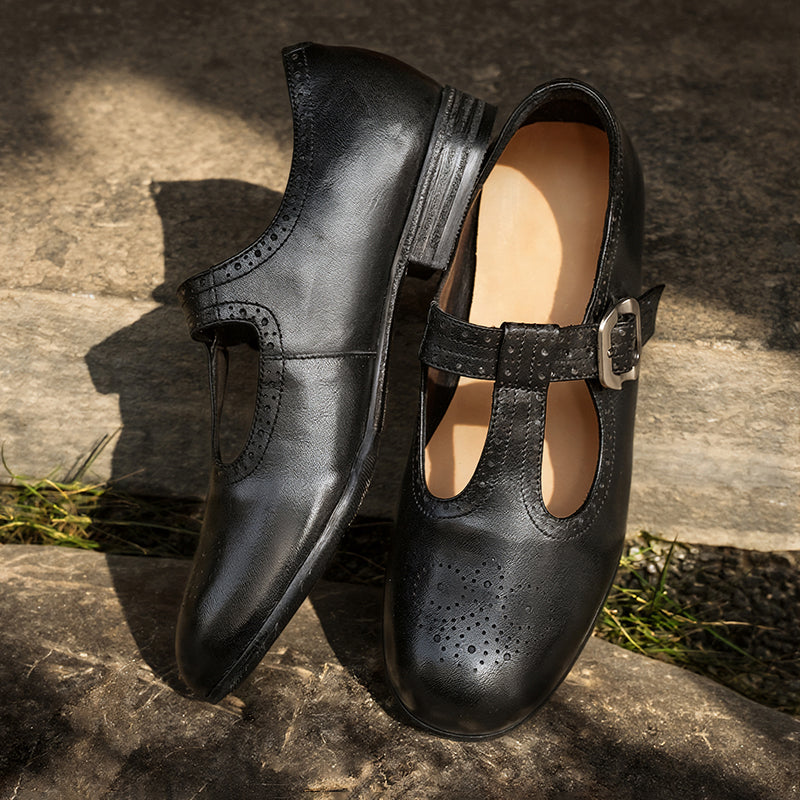 Handmade Horse Leather Brogue T-Strap Mary Jane Flats for Women in Black/Dark Brown