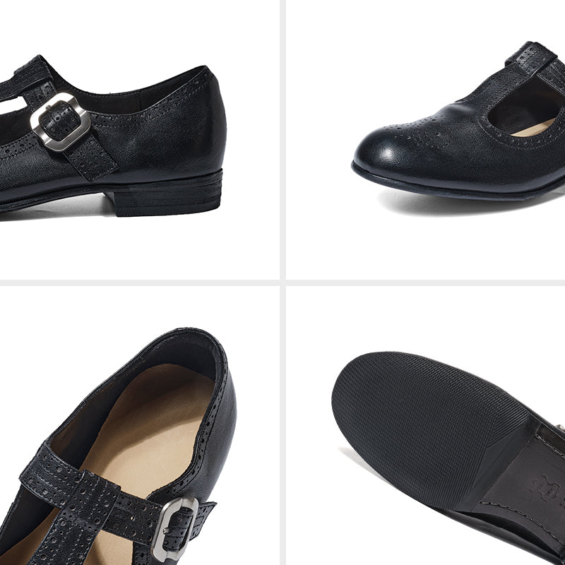 Handmade Horse Leather Brogue T-Strap Mary Jane Flats for Women in Black/Dark Brown