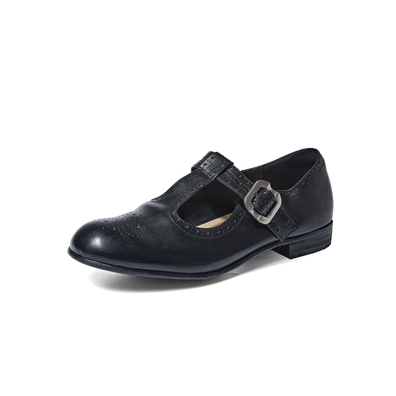 Handmade Horse Leather Brogue T-Strap Mary Jane Flats for Women in Black/Dark Brown