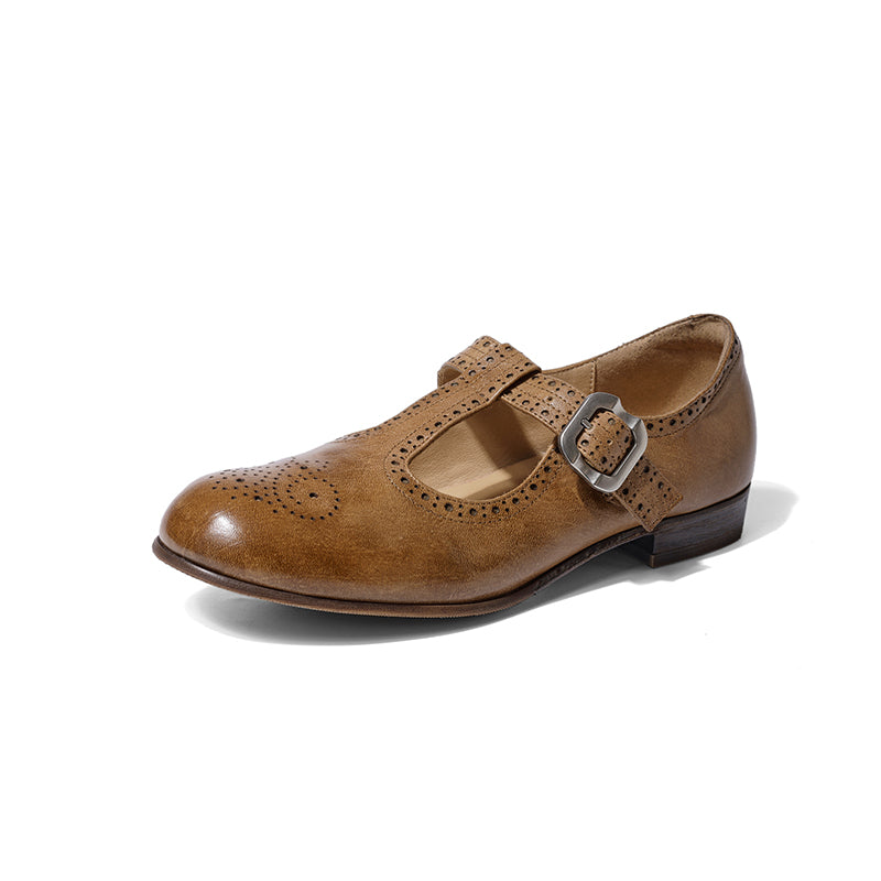 Handmade Horse Leather Brogue T-Strap Mary Jane Flats for Women in Black/Dark Brown