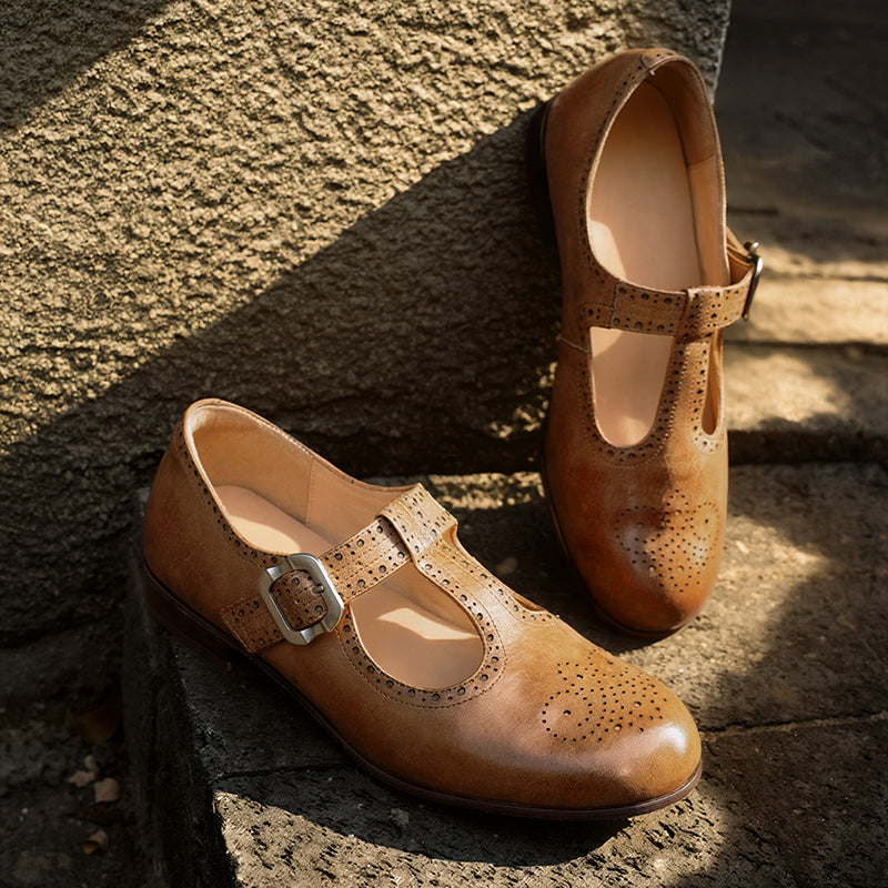 Handmade Horse Leather Brogue T-Strap Mary Jane Flats for Women in Black/Dark Brown