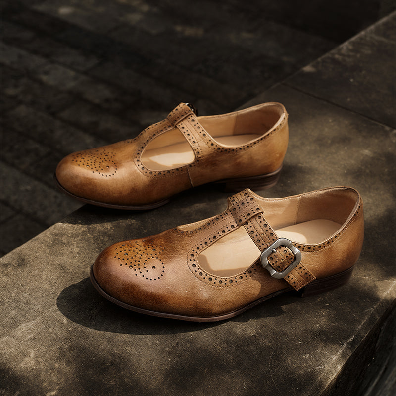 Handmade Horse Leather Brogue T-Strap Mary Jane Flats for Women in Black/Dark Brown