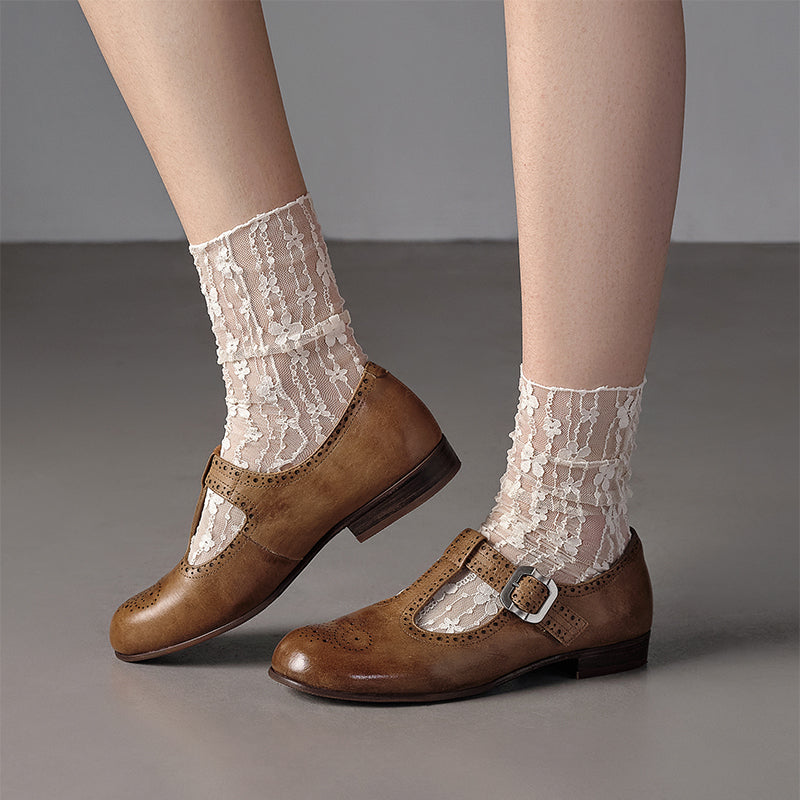 Handmade Horse Leather Brogue T-Strap Mary Jane Flats for Women in Black/Dark Brown
