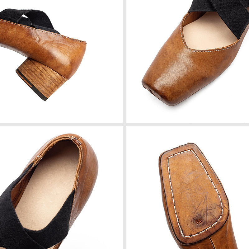 Handmade Horse Leather Mary Jane Ballet Heels Crisscross Strap Cylinder Heel Shoes in Grey/Amber