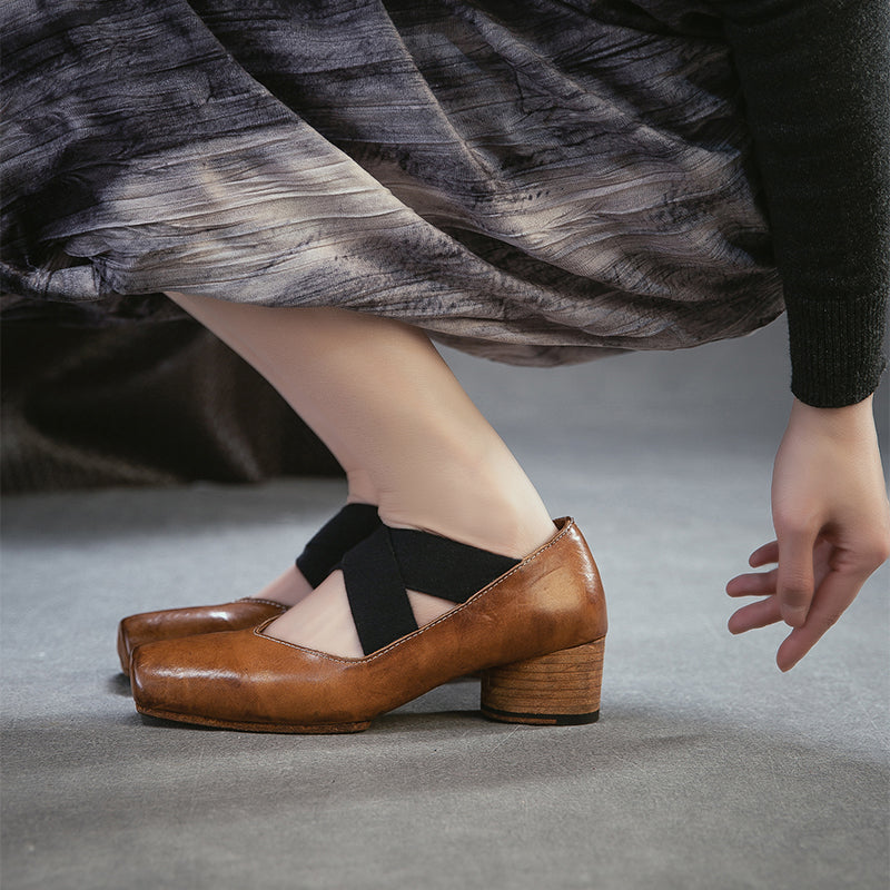 Handmade Horse Leather Mary Jane Ballet Heels Crisscross Strap Cylinder Heel Shoes in Grey/Amber