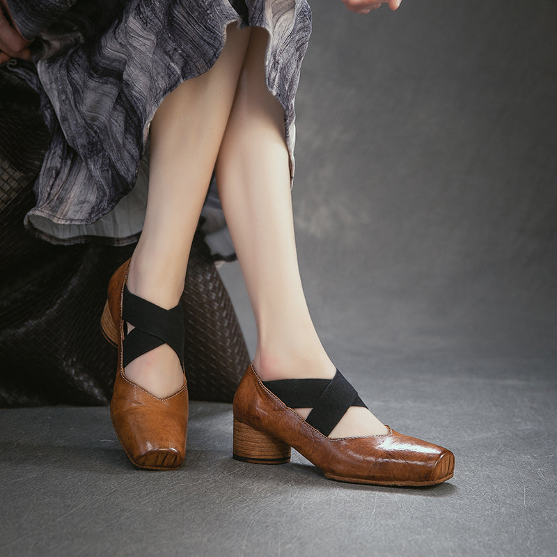 Handmade Horse Leather Mary Jane Ballet Heels Crisscross Strap Cylinder Heel Shoes in Grey/Amber