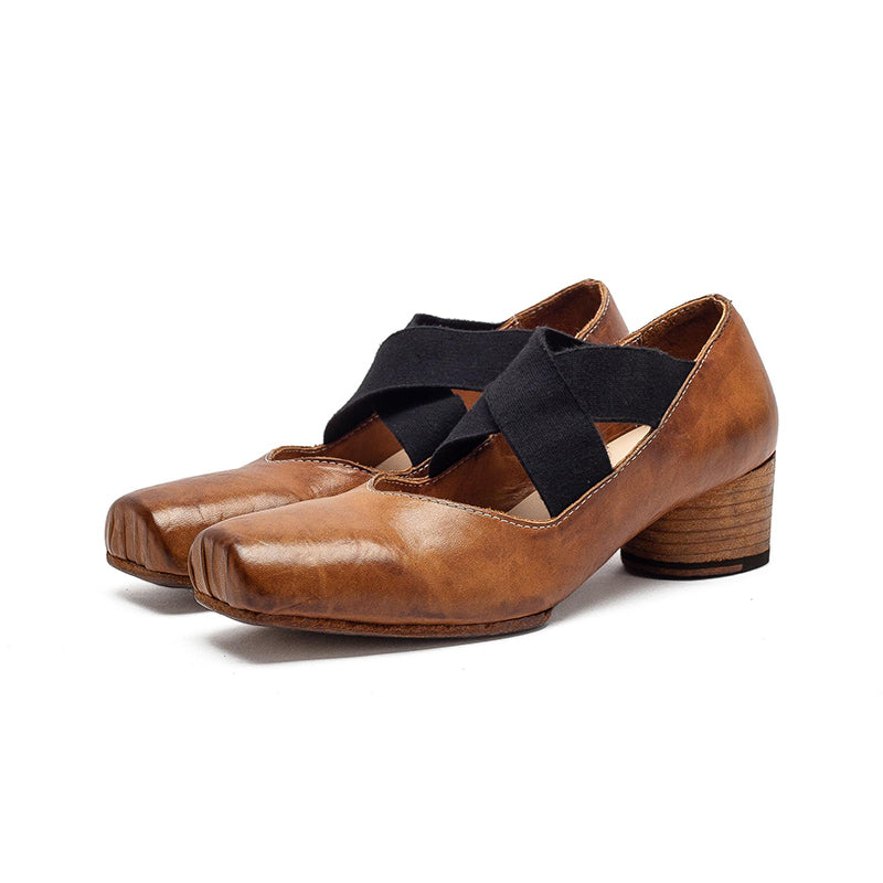 Handmade Horse Leather Mary Jane Ballet Heels Crisscross Strap Cylinder Heel Shoes in Grey/Amber
