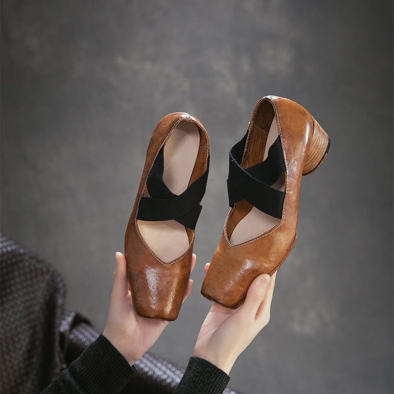 Handmade Horse Leather Mary Jane Ballet Heels Crisscross Strap Cylinder Heel Shoes in Grey/Amber