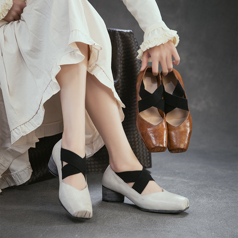 Handmade Horse Leather Mary Jane Ballet Heels Crisscross Strap Cylinder Heel Shoes in Grey/Amber