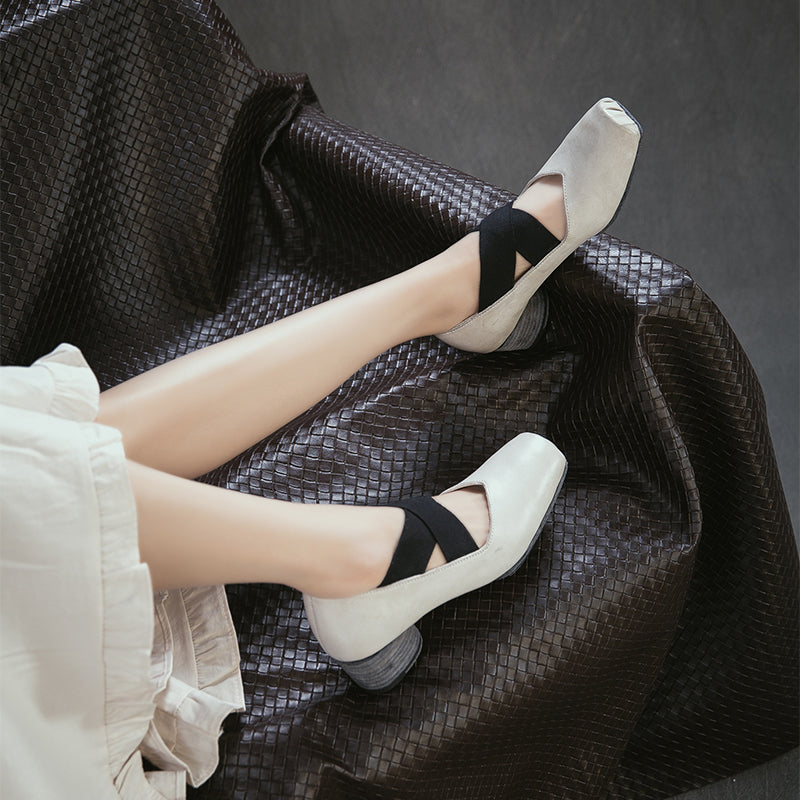 Handmade Horse Leather Mary Jane Ballet Heels Crisscross Strap Cylinder Heel Shoes in Grey/Amber