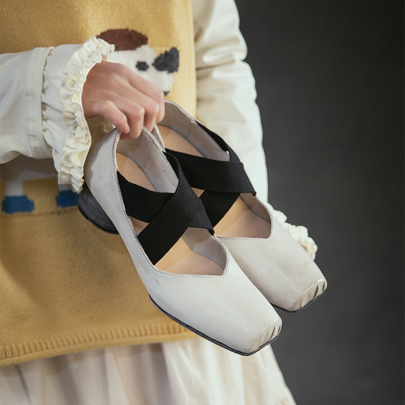 Handmade Horse Leather Mary Jane Ballet Heels Crisscross Strap Cylinder Heel Shoes in Grey/Amber