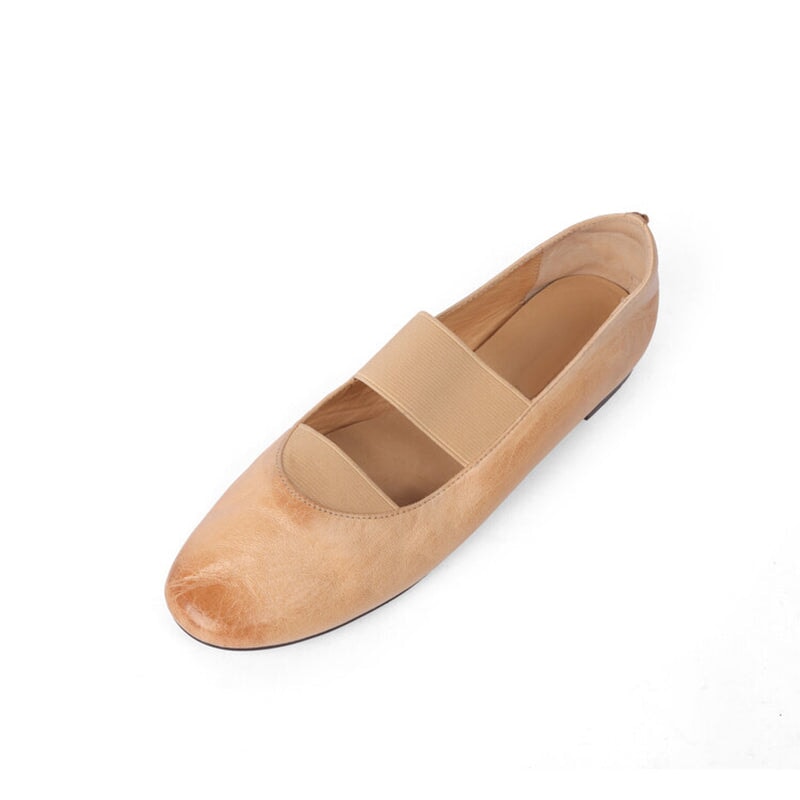 Handmade Horse Leather Mary Jane Shoes Elastic Band Ballet Flats in Red/Black/Pink/Apricot