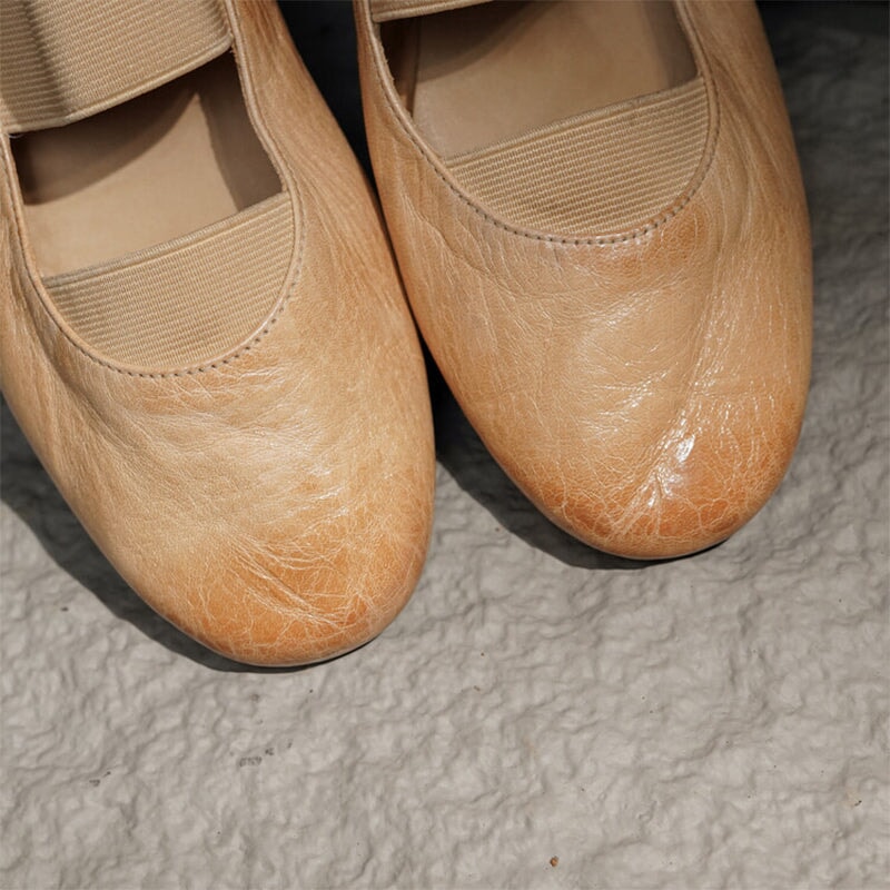 Handmade Horse Leather Mary Jane Shoes Elastic Band Ballet Flats in Red/Black/Pink/Apricot