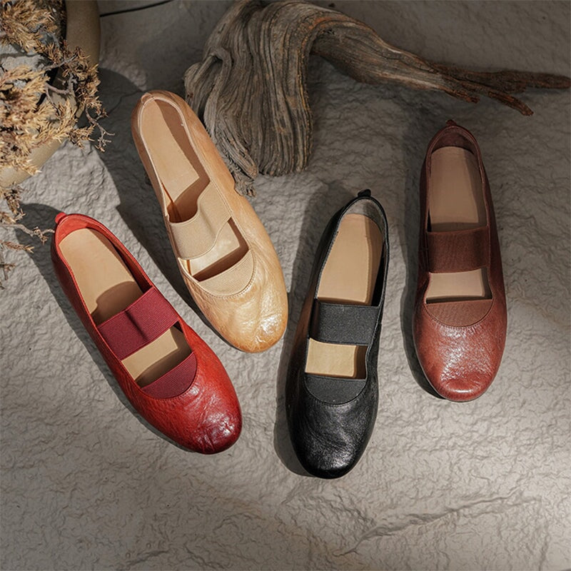 Handmade Horse Leather Mary Jane Shoes Elastic Band Ballet Flats in Red/Black/Pink/Apricot