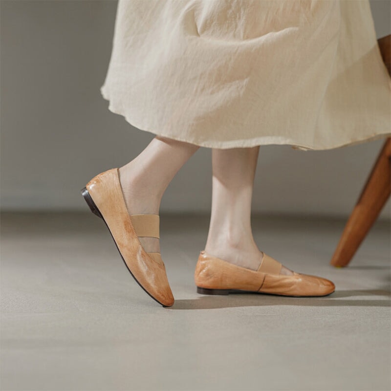 Handmade Horse Leather Mary Jane Shoes Elastic Band Ballet Flats in Red/Black/Pink/Apricot