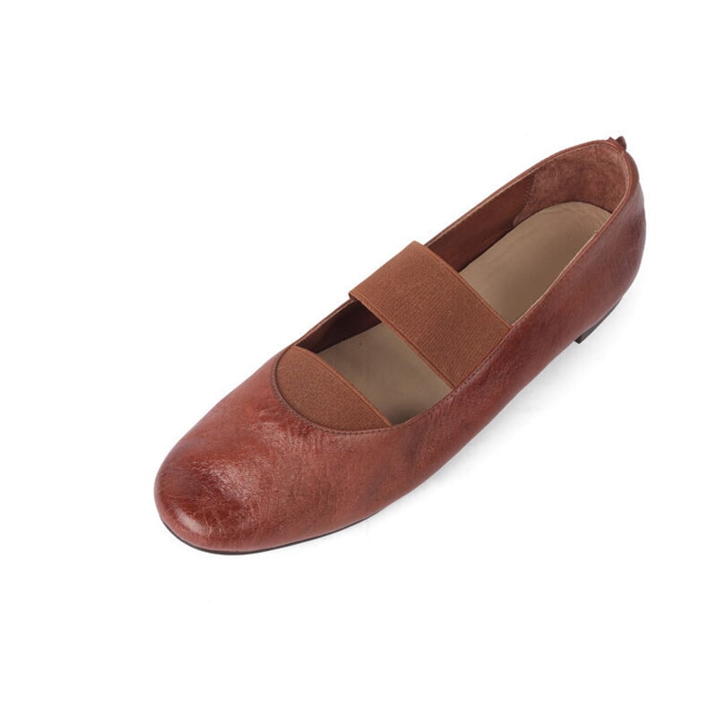 Handmade Horse Leather Mary Jane Shoes Elastic Band Ballet Flats in Red/Black/Pink/Apricot
