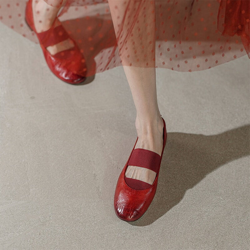 Handmade Horse Leather Mary Jane Shoes Elastic Band Ballet Flats in Red/Black/Pink/Apricot