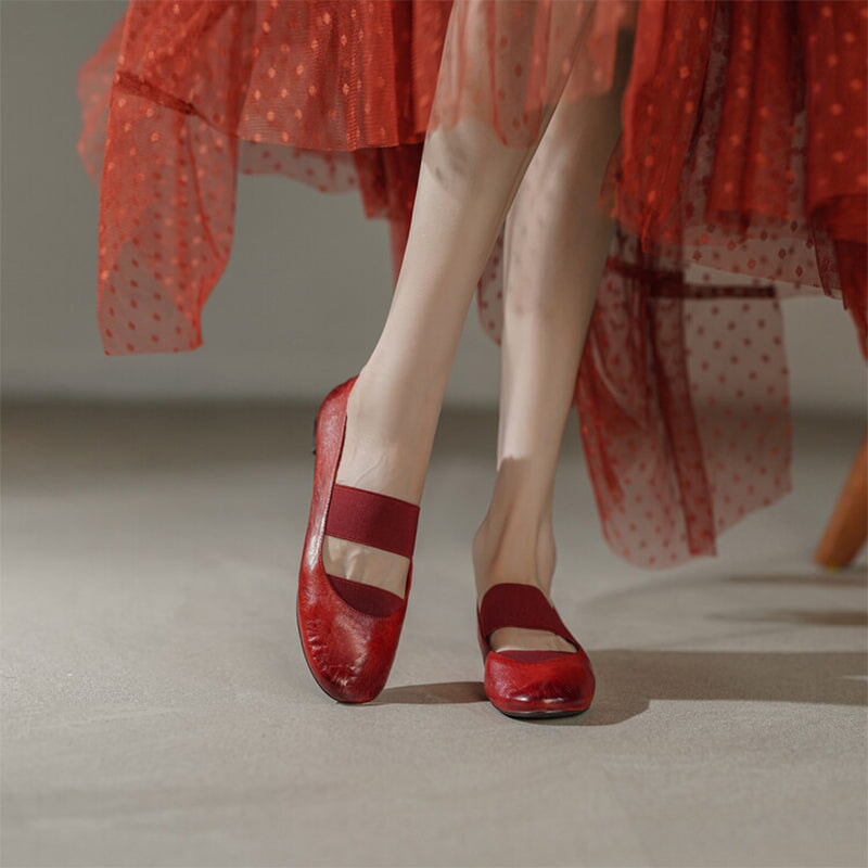 Handmade Horse Leather Mary Jane Shoes Elastic Band Ballet Flats in Red/Black/Pink/Apricot