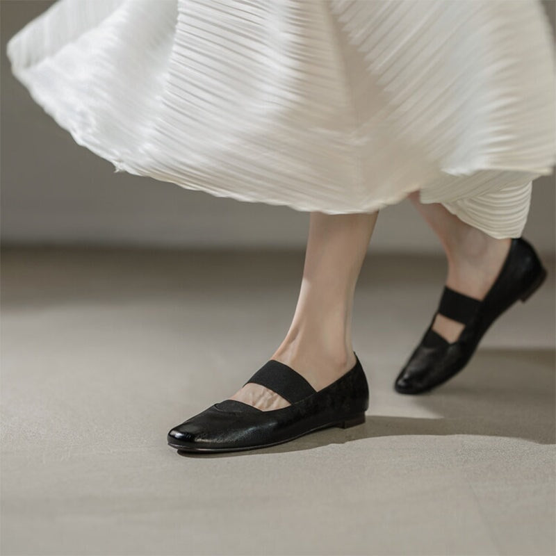 Handmade Horse Leather Mary Jane Shoes Elastic Band Ballet Flats in Red/Black/Pink/Apricot