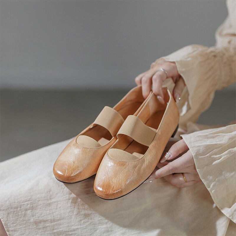 Handmade Horse Leather Mary Jane Shoes Elastic Band Ballet Flats in Red/Black/Pink/Apricot