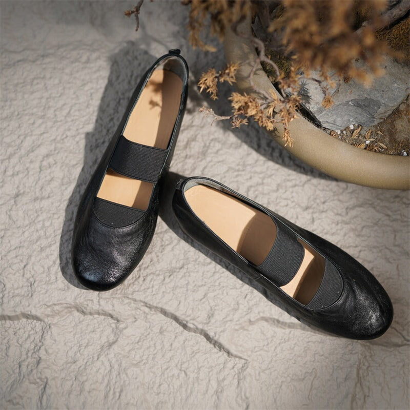 Handmade Horse Leather Mary Jane Shoes Elastic Band Ballet Flats in Red/Black/Pink/Apricot