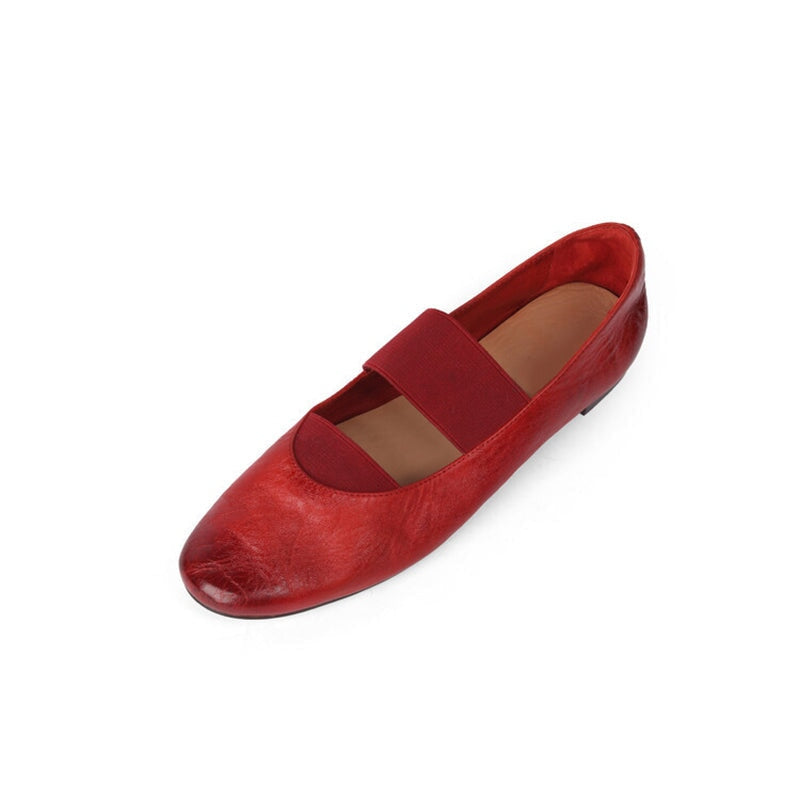 Handmade Horse Leather Mary Jane Shoes Elastic Band Ballet Flats in Red/Black/Pink/Apricot